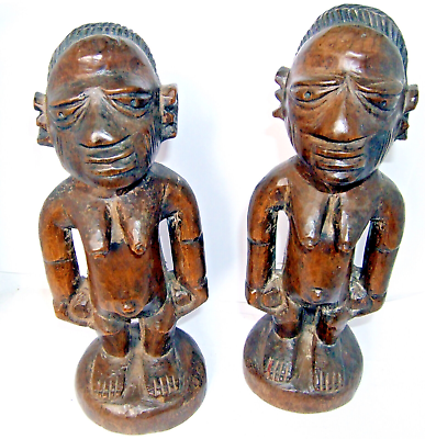#ad Antique Nigerian Yaruba Ibeji girl Figures Twins Carved Wooden tribal Figures GBP 260.00