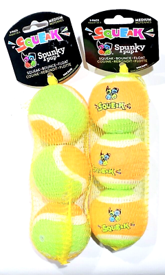 #ad 2 Packs Of 3 Squeak Spunky Pup Medium Tennis Balls Squeak Bounce Float $29.99