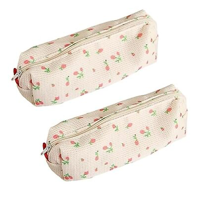 #ad 2 PCS Pink Strawberries Women Fresh Style Pencil Bag Flower Floral White $18.41