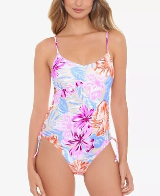 #ad Salt Cove MULTI Hot Hibiscus Lace Up Side One Piece Swimsuit US Large $13.44