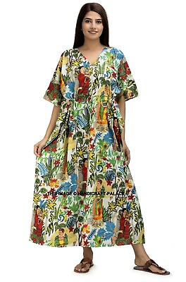 #ad Indian Cotton Printed Long Kaftan Dress Kimono Sleepwear Caftan $33.99