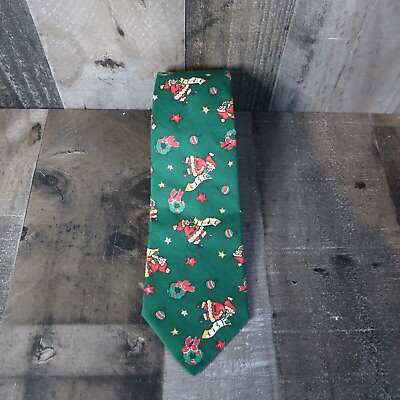 #ad Fling Christmas Themed Vintage Mens Neck Tie Green Cotton Santa $10.99