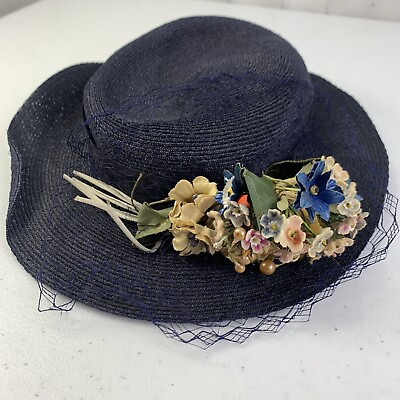 #ad Vintage 40s Hat Woven Straw Millinery Hat Flowers Daisy Velvet Woodmere 22 Blue $22.00