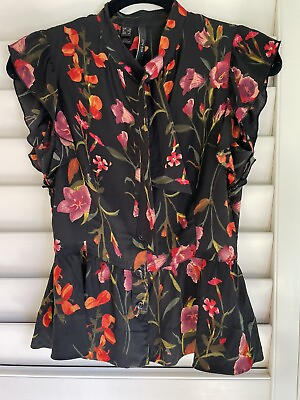 #ad MNG Suit by Mango Floral Ruffle Rayon Blouse Peplum Black Neck Tie Top $8.99