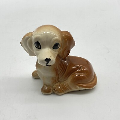 #ad Vtg Ceramic Porcelain Dog Figurine MCM 3quot; Brown Sitting Puppy HandPainted $12.99