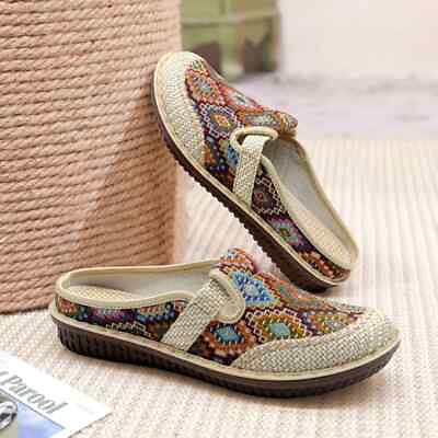 #ad Women Slipper Ethnic Embroidery Summer Flat Shoes Linen Wedge Soft Sole Slip on $38.60