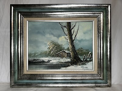 #ad Vintage Raymond “lonely Cabin On Water In Winter” Oil Painting. 12x16. $226.. $226.00