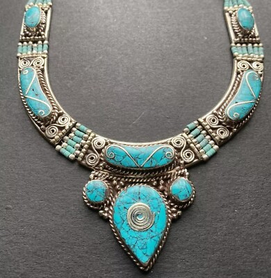 #ad Lovely Vintage Tibetan Necklace in Silver Finish a Turquoise Stone Beauty $97.00