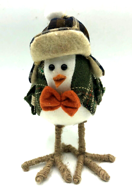 #ad Christmas Fabric Bird Green Plaid Orange Bow Tie Ear Flap Hat Ornament Decor $14.40