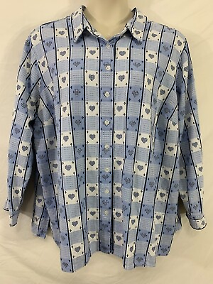 #ad Liz amp; Me PLUS 4X 30W 32W Blue Checked Button Up Long Sleeve Shirt w HEARTS $19.99