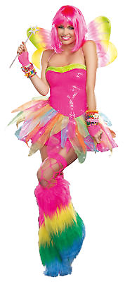 Rainbow Fairy Adult Costume Womens Dress Skirt Neon Wings Sexy Halloween $62.99