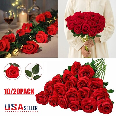 #ad 20× Red Silk Roses Artificial Flowers Realistic Bouquet Romantic Gift Home Decor $11.82