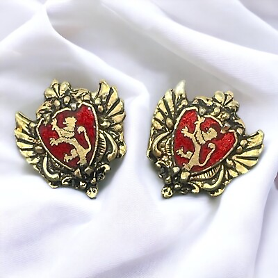 #ad Lion Shield Coat of Arms Crest Gold Tone Red Enamel Screw Back Earrings Vintage $12.99