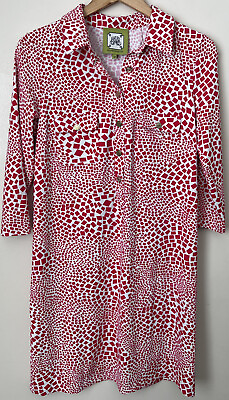#ad Elizabeth McKay Shirt Dress Size M Collared Dark Pink Squares White EUC Travel $32.50