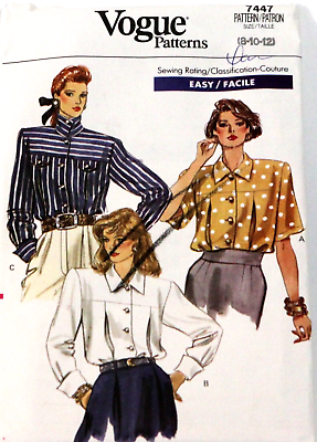 #ad Vogue Top Blouse Sewing Pattern 7447 Vintage 1989 Easy Sizes 8 10 12 Uncut FF $12.49