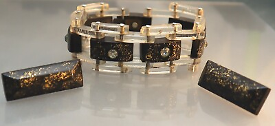 #ad Vintage Lucite Rhinestone Bracelet Earrings Black Gold Dust Set $39.99