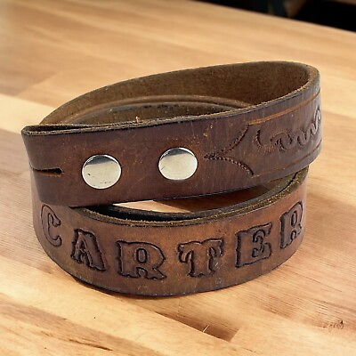 #ad Vintage Mens Tooled leather Belt 35 41quot; Floral Southwestern “Carter” $15.00