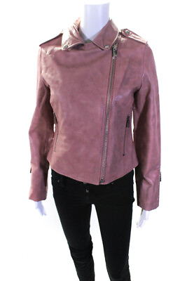 #ad Vince Camuto Womens Leather Notch Collar Zip Up Motorcycle Jacket Pink Size S $42.69