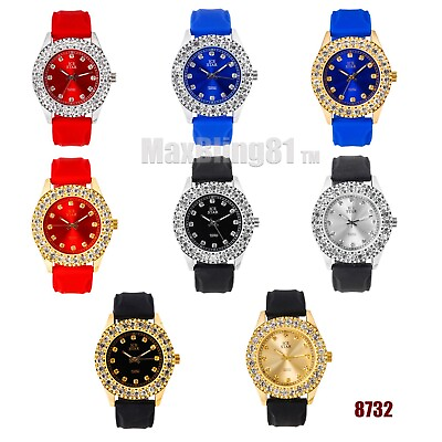 #ad Watch Bling Gold Plated Iced Big Simulated Diamond Analog Silicone Band Hip Hop $19.99
