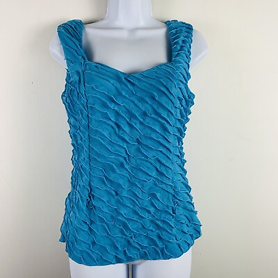 #ad Forever Womens Sleeveless Top Sz S Blue Ruffle Front Tank Fitted Sweetheart $20.00