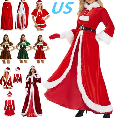 #ad US Women#x27;s Christmas Mrs Santa Claus Costume Xmas Velvet Dress Cape Robe OutfiI $28.09
