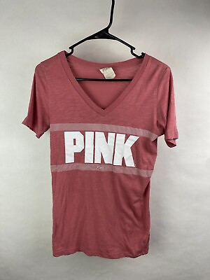#ad Pink Womens Small V Neck Rouge Pink T Shirt w White Big Logo Victoria#x27;s Secret $13.95