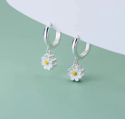 #ad Silver Flower White Chrysanthemum Daisy Dangle Drop Hoop Earrings $9.99