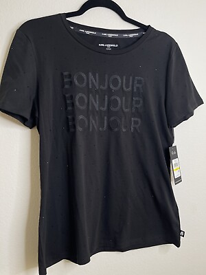 #ad KARL LAGERFELD PARIS Women#x27;s Embellished Bonjour T Shirt. Sz M $35.00