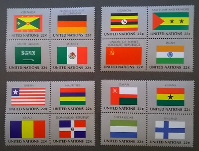 #ad UN 1985 FLAGS SCOTT 450 465 NY United Nations Center Blocks of 4 MNH Collection $1.99