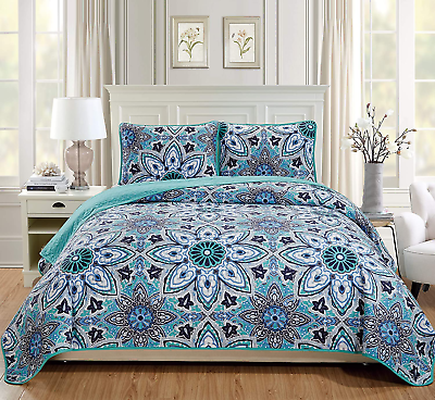 #ad over Size Quilted Bedspread Floral New Turquoise King Cal King $52.48