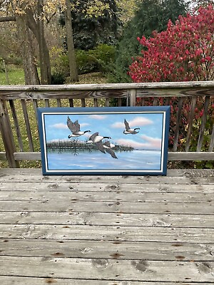 #ad P Hunter Canadian Geese Winter Oil Painting 53x29 Framed Art Blue Water Sky $125.00