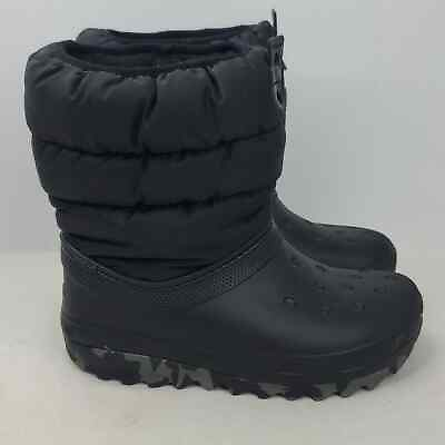 #ad Crocs Classic Neo Puff Boots Black Faux Fur Rubber Quilted Youth Boys 3 $21.43