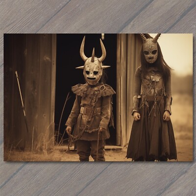 #ad POSTCARD Horned Mask Boy Girl Life Weird Creepy Vibe Cult Strange Unusual $6.00