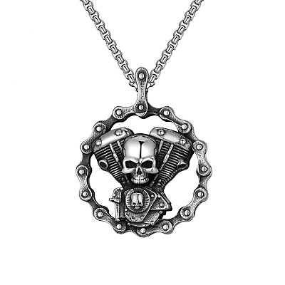 #ad Mens Stainless Steel Motorcycle Chain Biker Skull Pendant Necklace Men For Gift $7.99