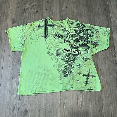 #ad MMA Elite Shirt Mens XXL Green Black Skulls Crosses AOP Y2K THRASHED DISTRESSED $29.98