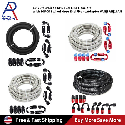 #ad 10 20ft Stainless Steel Braided 6 8 10 AN CPE Fuel Oil Hose Line amp; Fittings Set $46.00