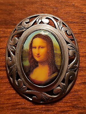 #ad Vintage 925 Sterling Silver JEZLAINE Oval Porcelain Cameo Filigree Mona Lisa Pin $20.95