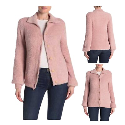 #ad Susina Faux Fur Plush Fleece Teddy Knit Collared Cardigan Sweater Pink Adobe 1X $35.00