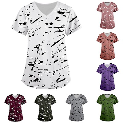 #ad Women#x27;s Summer Fashion T Shirt V Neck Short Sleeve Workwear Pockets Printed Tops $11.00