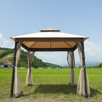 #ad 9’ X 9’ Patio Gazebo Double Roof Canopy Shelter Steel w Netting Garden Backyard $129.99