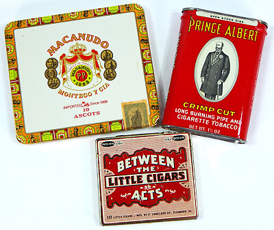 #ad VTG CIGAR TINS 3 LOT PRINCE ALBERT BETWEEN THE LITTLE CIGARS ACTS MACANUDO EMPTY $14.81