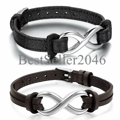 #ad 2PCS Men Women Stainless Steel Love Infinity Couples Leather Bracelet Adjustable $12.99