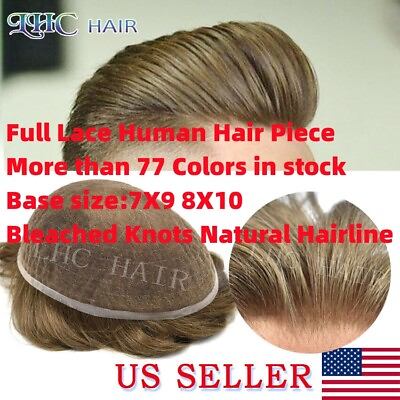 #ad Mens Toupee Full Swiss Lace Front Bleached Knots Remy Hair System For Men Wig $217.55