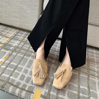 #ad Womens Square Toe Slip On Pumps Suede Leather 1cm Heel Flats Shoes OL Tassels 43 $79.55