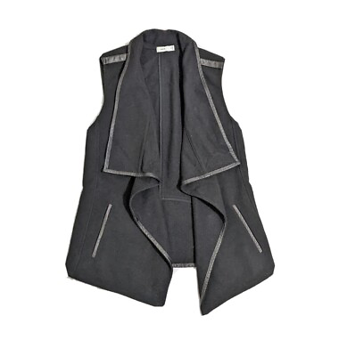 #ad Vince Black Open Vest Sz XS Drape Collar Waterfall Wool Blend Lamb Leather Trim $21.88