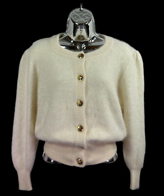 #ad vintage Prestige Collection jewel button mohair fuzzy cardigan sz S M ivory $44.99