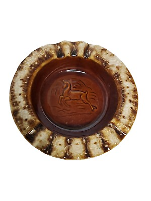 #ad VINTAGE HULL BROWN DRIP GLAZE DEER ANTELOPE CIGAR SIZE ASHTRAY 8quot; ACROSS GOOD $15.00