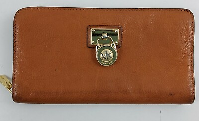 #ad Michael Kors Brown Leather Hamilton Gold Lock Full Size Zip Around Wallet $41.99