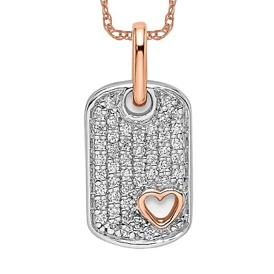 #ad 14K Two Tone Gold White Rose Small Dog Tag Heart Love Diamond Necklace Charm ... $417.00