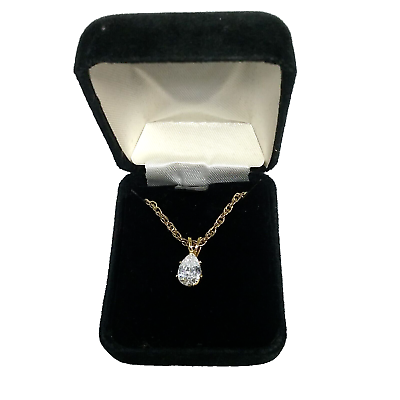 #ad Cubic Zirconia Tear Drop Stone Pendant Gold Finish Necklace w Black Velvet Case $18.57